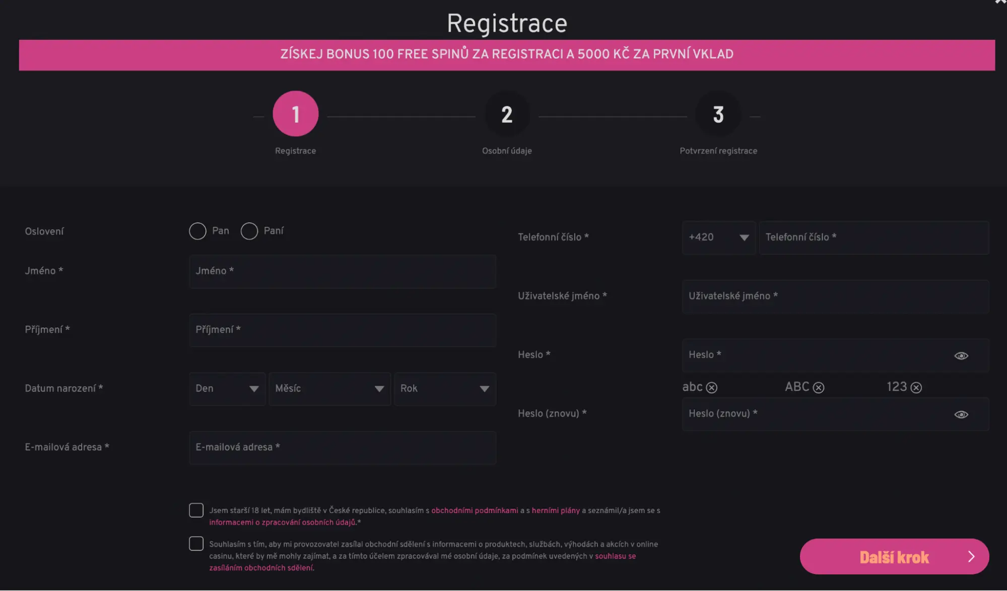 Registrace do online casina – bonus 100 free spinů a 5000 Kč za první vklad. Registrační formulář online casina s bonusem 100 free spinů a 5000 Kč za první vklad.